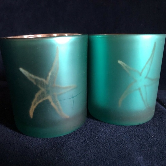 Set Of Two Votive Holders Turquoise With Starfish - Picture 1 of 3